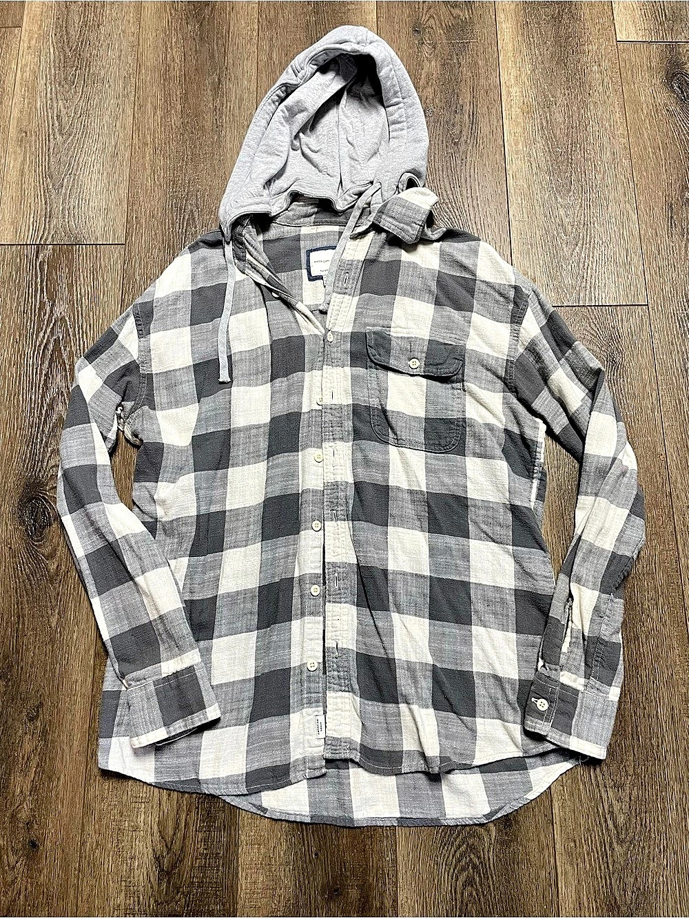 American Eagle AE Super Soft Hooded Flannel Shirt Gray & White Large